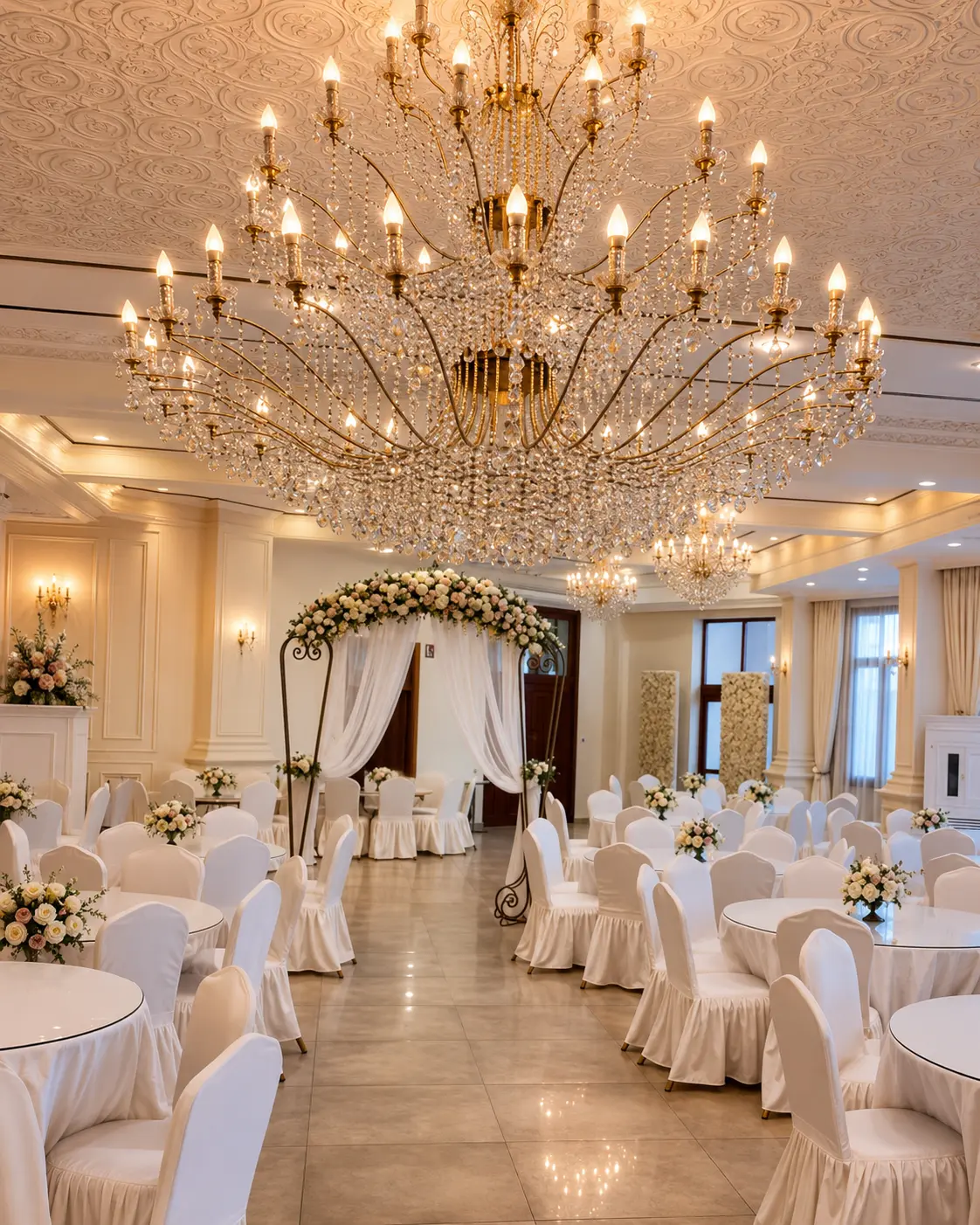 Lustre en cristal au-dessus de la salle dressée